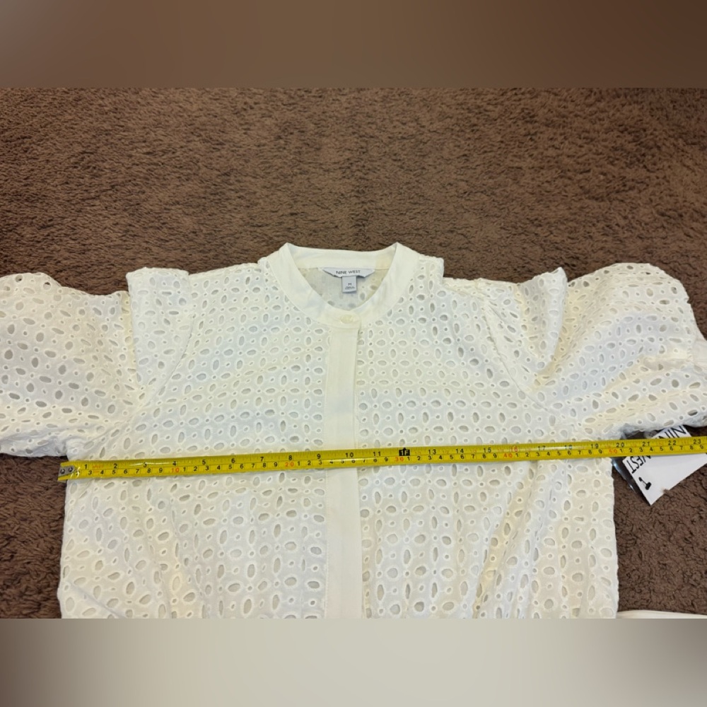 Nine West White Belted Puff Sleeve Eyelet Dress Fit Flare Cottagecore M NEW - Picture 8 of 9